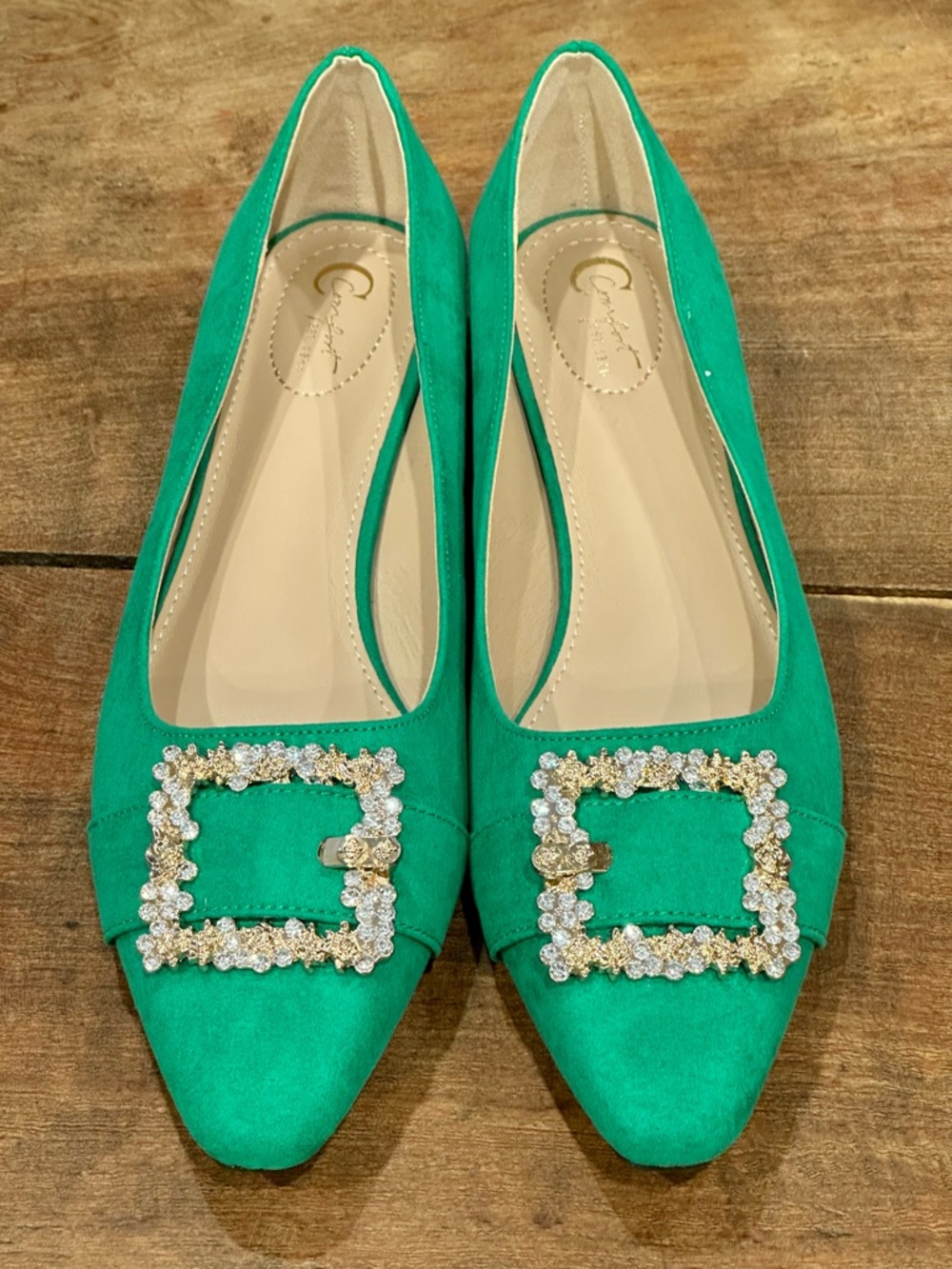 Green Crystal Buckle Pointed Toe Flats